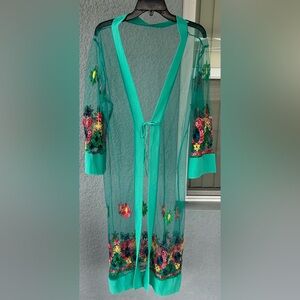 Asha Embroidered Floral Sheer Duster Cardigan Boho Festival One Size Front Tie